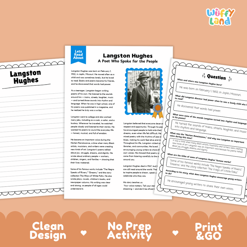 Langston Hughes Biography Reading Passage and Writing Activity Worksheets