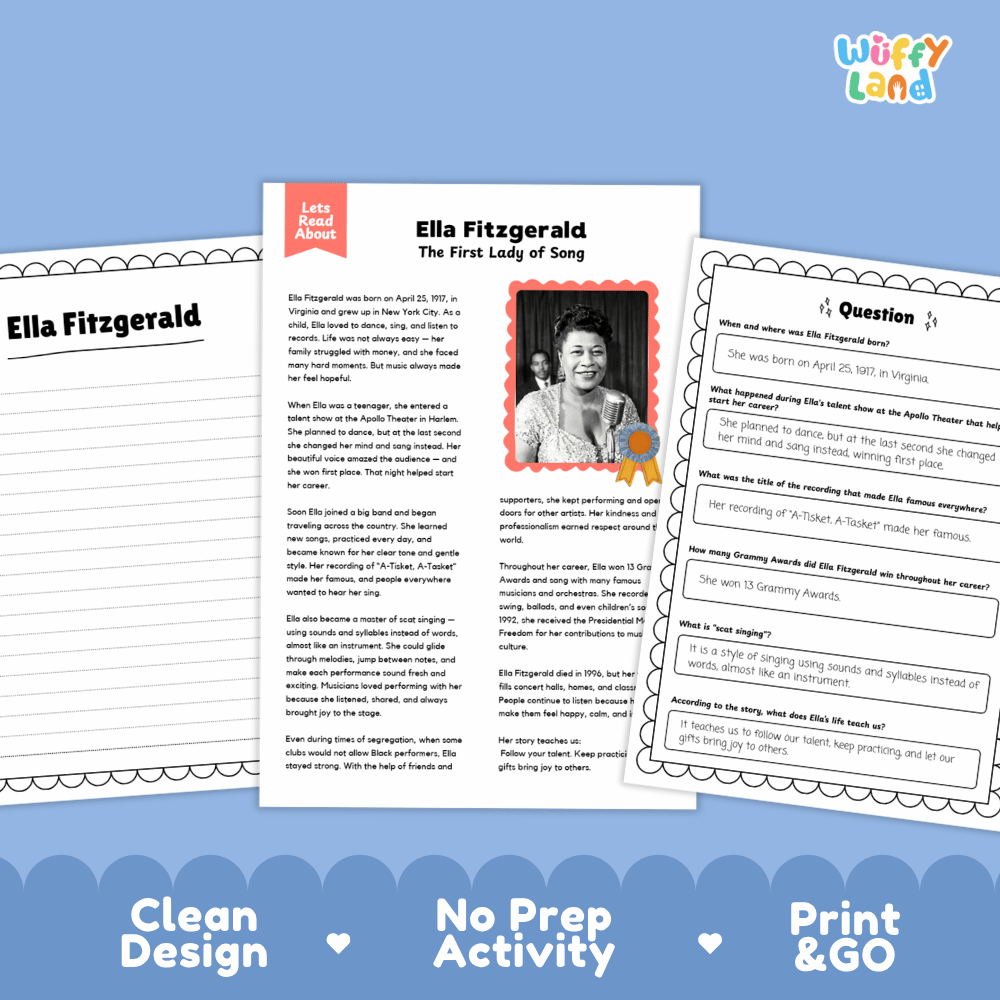 Ella Fitzgerald Biography Reading Passage and Writing Activity Worksheets