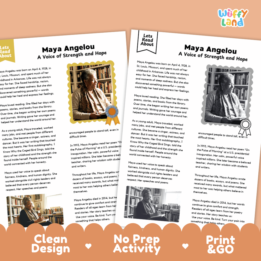 Two printable activity sheets for a Maya Angelou themed educational resource, titled 'Let's Read About' and 'Maya Angelou: A Voice of Strength and Hope'. The pages feature text, historical photos of Maya Angelou, and decorative borders.