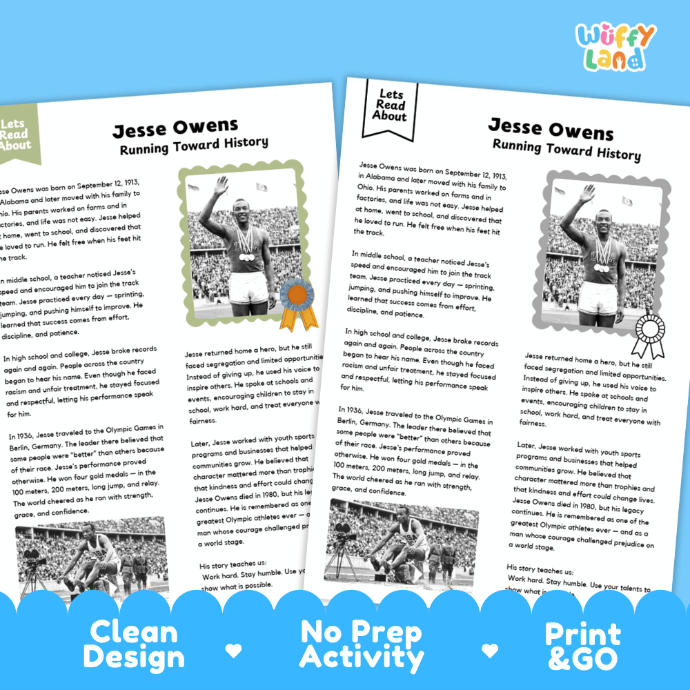 Two printable lesson pages about Jesse Owens with text blocks, black-and-white photos, and a blue banner at the bottom reading 'Clean Design', 'No Prep Activity', and 'Print & GO'. The 'Wuffly Land' logo appears in the top right.