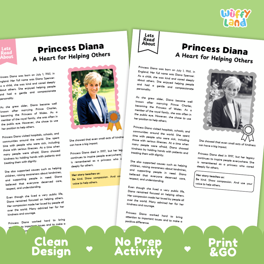 Two printable activity sheets for a 'Princess Diana' themed educational activity, displayed side-by-side on a light green background with a green banner at the bottom. The sheets feature text, photos of Princess Diana, and promotional copy like 'A Heart for Helping Others' and 'Let's Read About'.