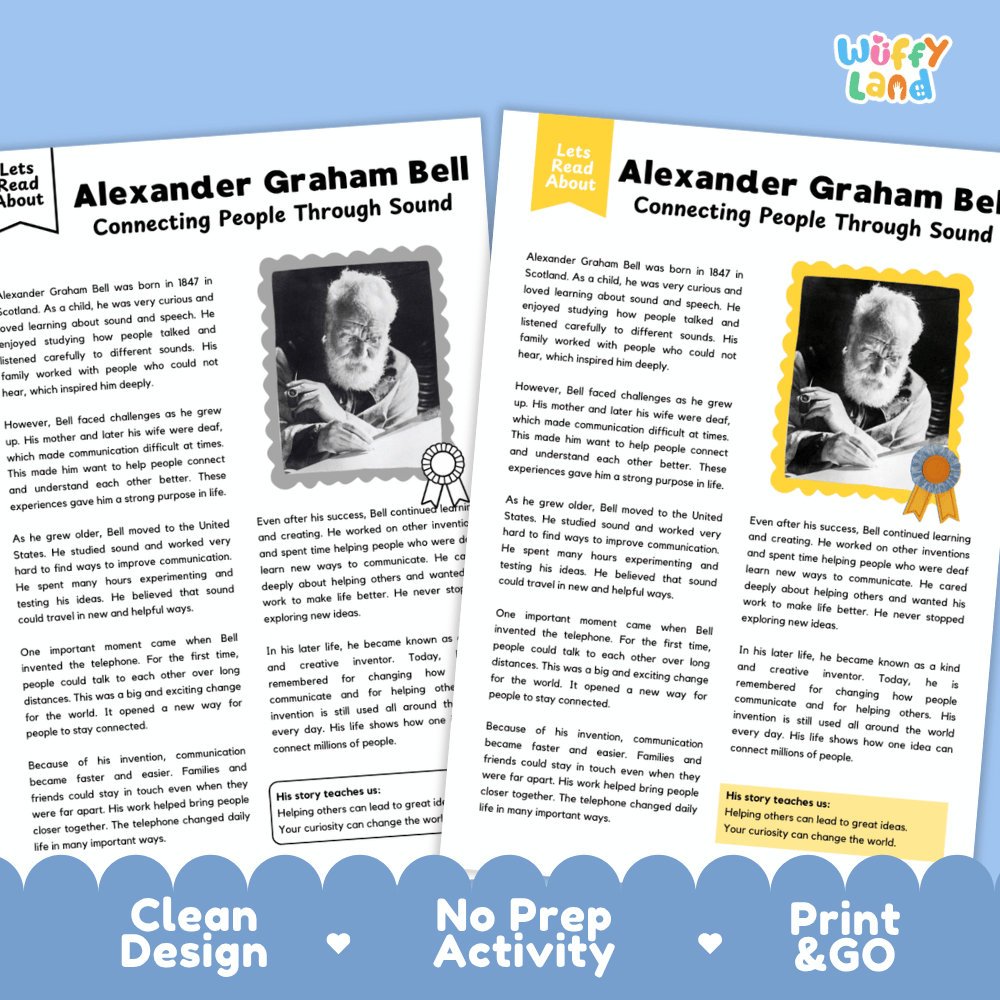 Two educational reading activity sheets about Alexander Graham Bell from the brand Wuffly Land, featuring text, a black-and-white portrait, and award graphics on a white background with blue decorative banners at the bottom.