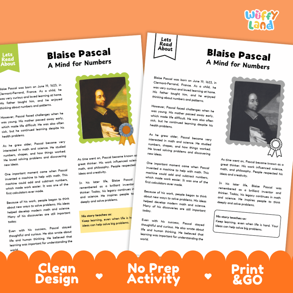 Blaise Pascal Biography Reading Passage and Writing Activity Worksheets