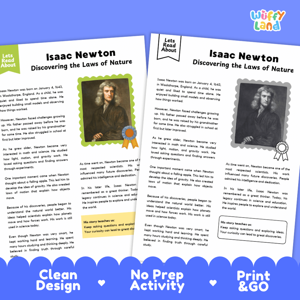 Two educational activity sheets about Isaac Newton from 'Let's Read About' by 'wuffing land', displayed on a blue background with the text 'Clean Design', 'No Prep Activity', and 'Print & Go'.