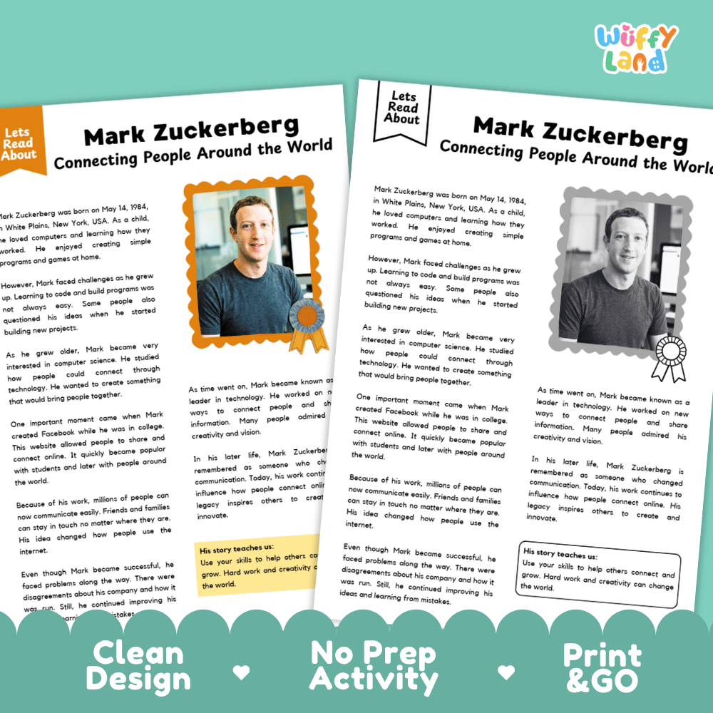 Mark Zuckerberg Biography Reading Passage and Writing Activity Worksheets