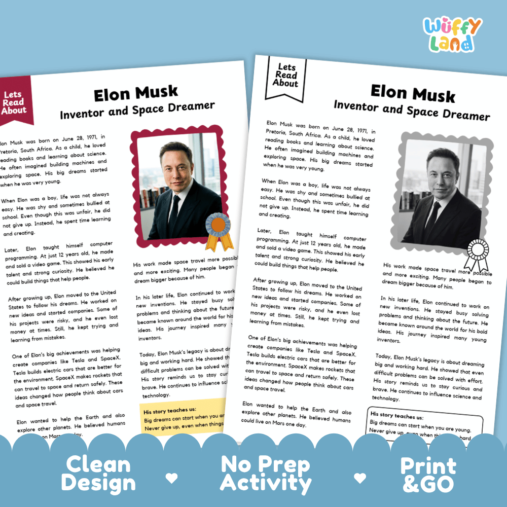 Two printable educational activity sheets about Elon Musk, designed for classroom use. The sheets feature a clean white background with blue decorative headers and footers, text about Elon Musk's life and achievements, and placeholder areas for photos.