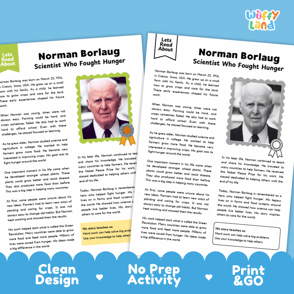 Norman Borlaug Biography Reading Passage and Writing Activity Worksheets