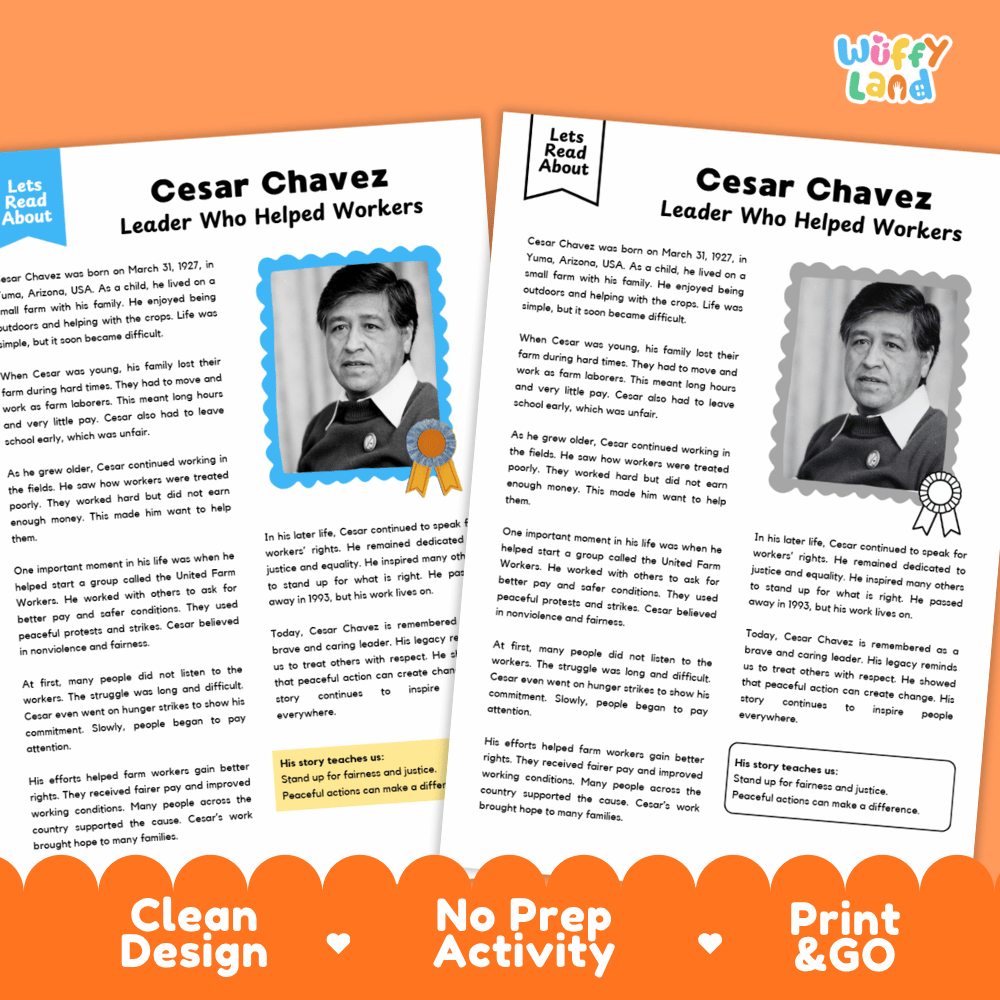 Two printable activity sheets about Cesar Chavez, shown on an orange and white background with the title 'Wiffly Land' in the top right. The sheets contain text, photos of Cesar Chavez, and highlighted boxes.