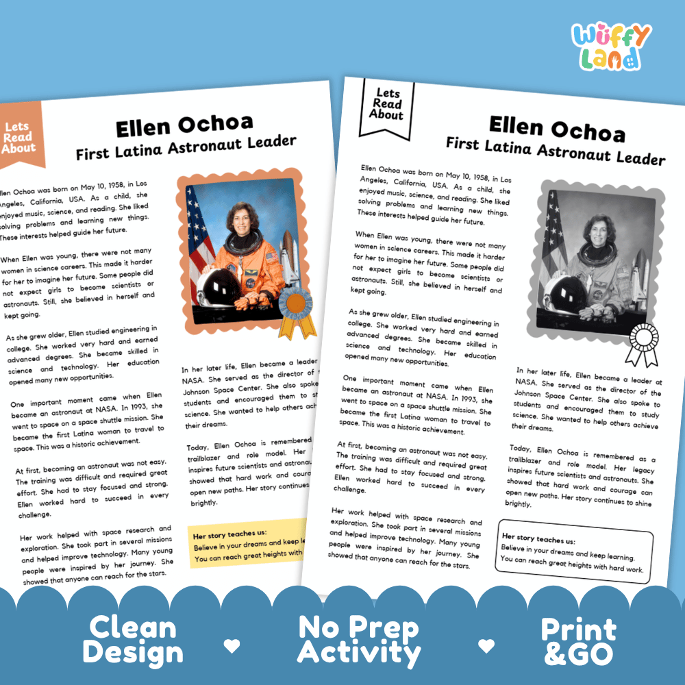 Two educational activity sheets about Ellen Ochoa, the first Latina astronaut leader, displayed side-by-side on a dark blue background with 'Wuffly Land' branding. The sheets feature a clean, colorful layout with text, a photo of Ellen Ochoa, and a recipe card at the bottom.