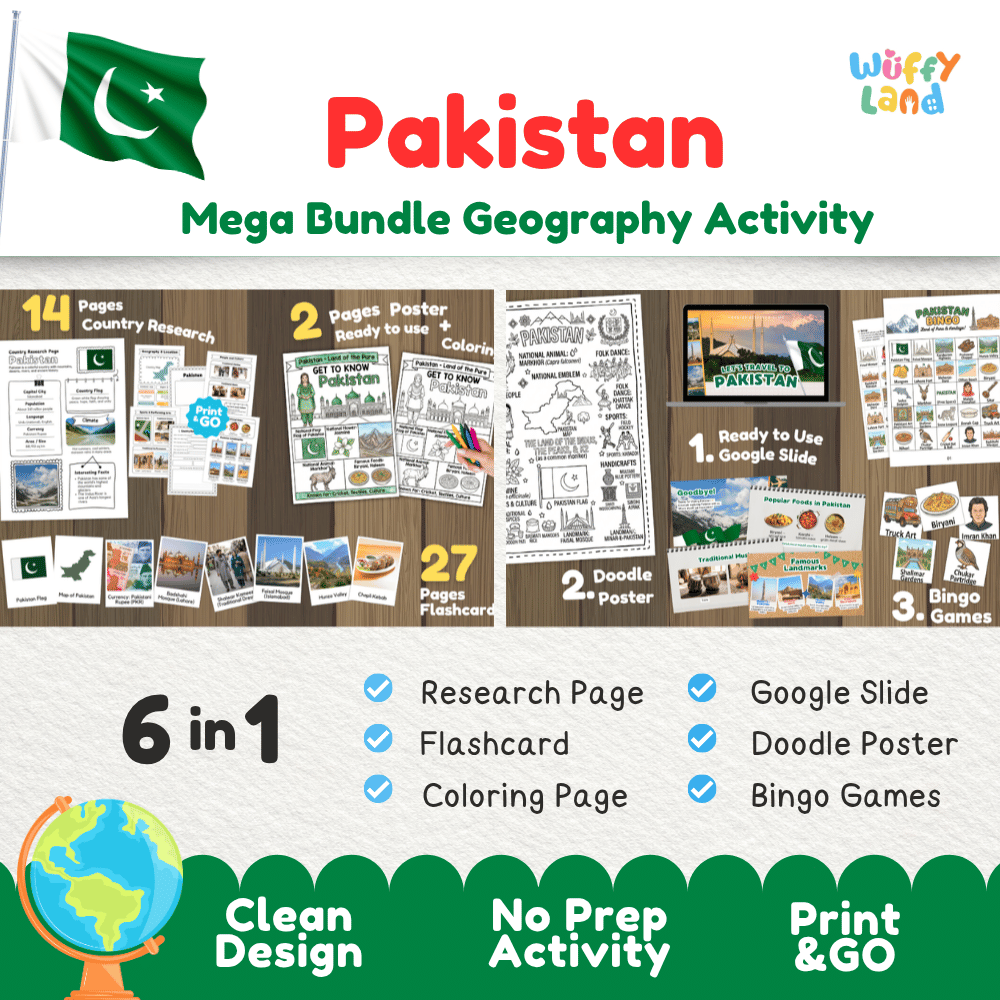 Complete Pakistan geography activity bundle featuring Google Slides, doodle coloring poster, and classroom bingo games 🇵🇰🎒