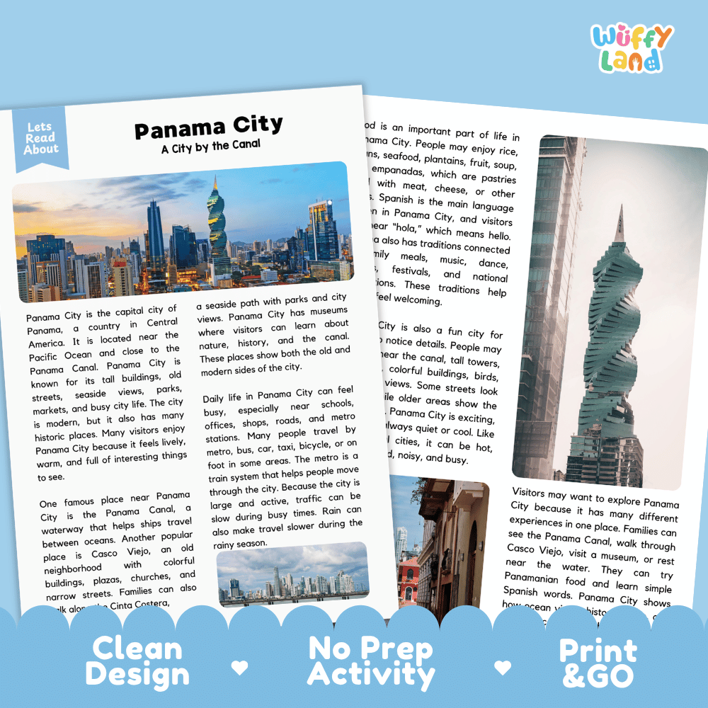 Reference sheet and answer key for Panama City landmark reading passage displaying completed comprehension answers and Central American geography facts