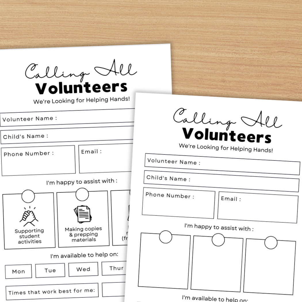 Parent Volunteers Form Back to School Classroom Helpers Printable Sheet