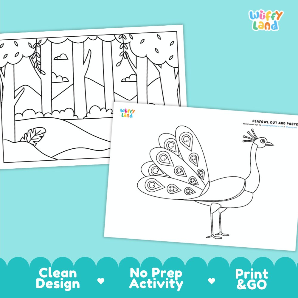 Peafowl Cut and Paste Craft and Coloring Activity Worksheets