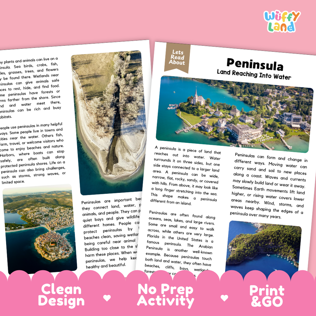 Peninsula Reading Passage and Comprehension Questions Worksheets Landforms