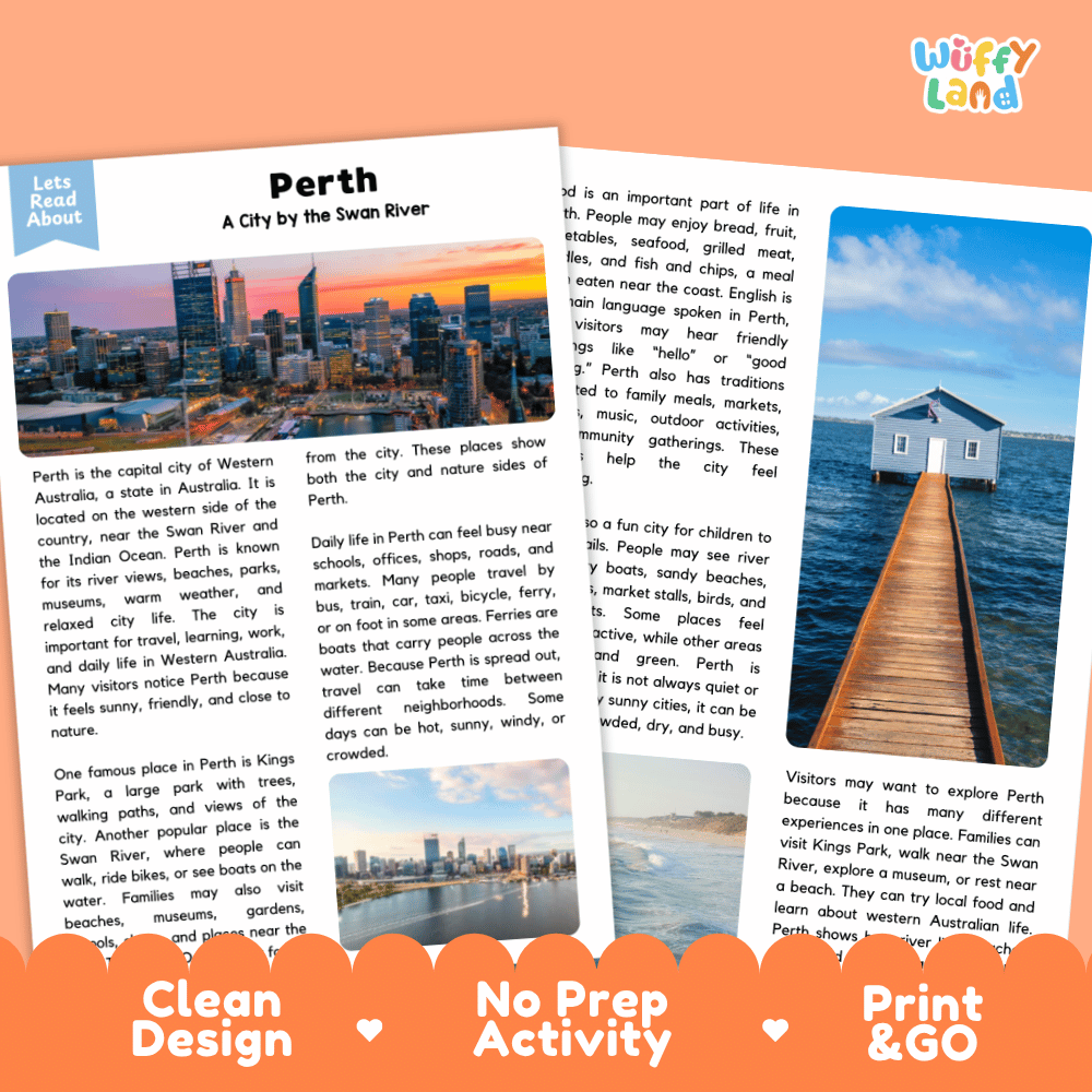 Reference sheet and answer key for Perth landmark reading passage displaying completed comprehension answers and Australian geography facts