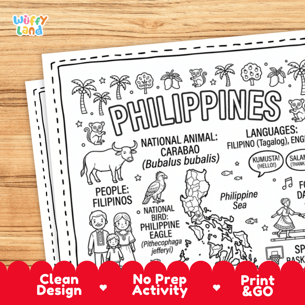 Cultural coloring page featuring traditional Barong Tagalog attire, Tinikling dance, Tnalak weaving, Paete carving, and Kumusta greeting