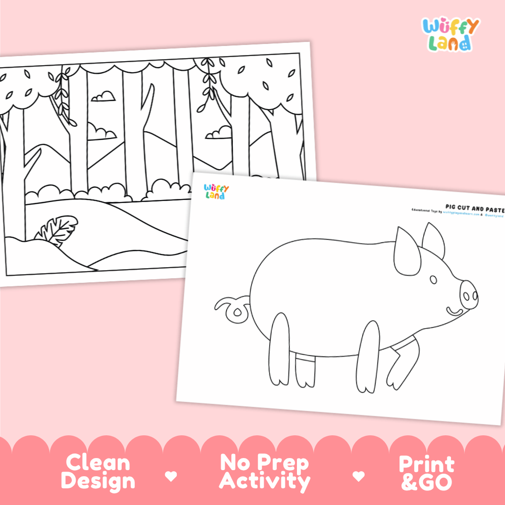 Pig Cut and Paste Craft and Coloring Activity Worksheets