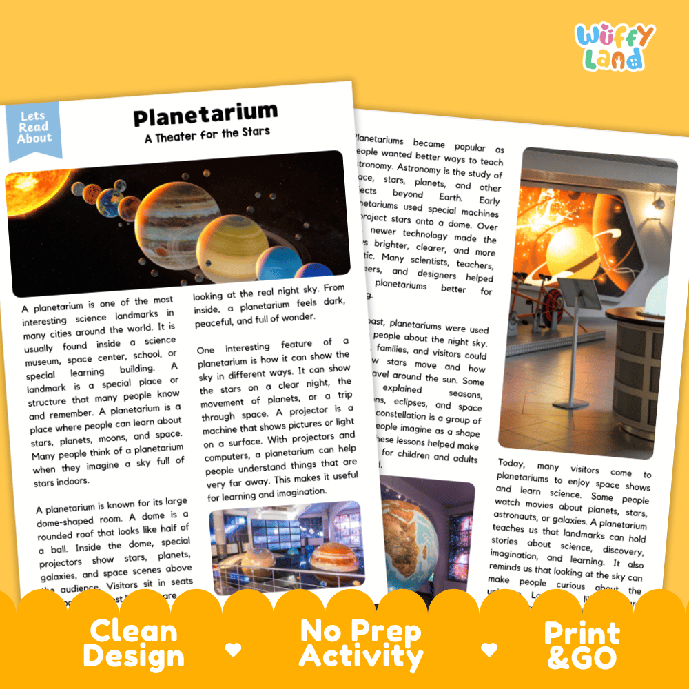 Planetarium Landmark Reading Passages and Comprehension Worksheets