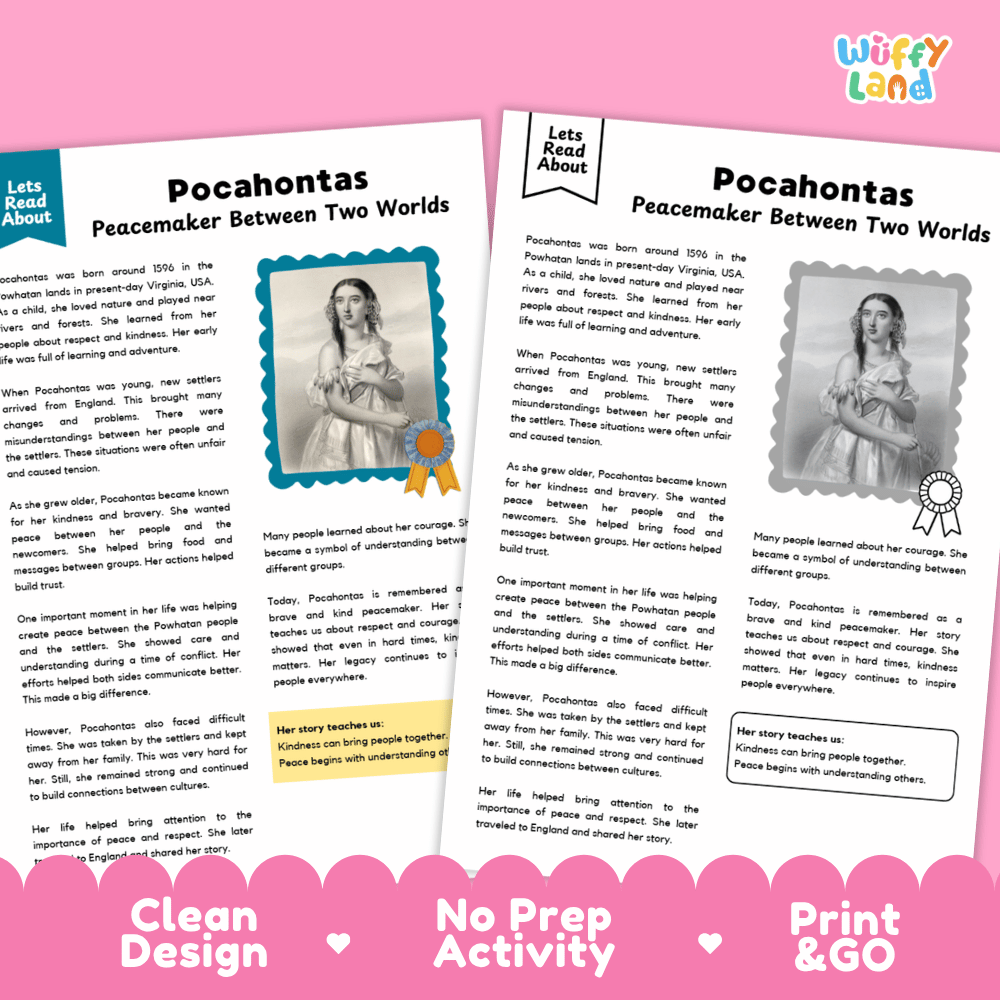 Two educational activity sheets titled 'Pocahontas Peacemaker Between Two Worlds' from the brand Wiffly Land, displayed on a pink background with text reading 'Clean Design', 'No Prep Activity', and 'Print & GO'.