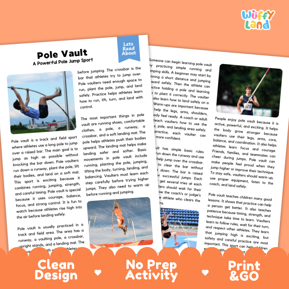 Pole Vault Sports Reading Passages and Comprehension Questions Worksheets