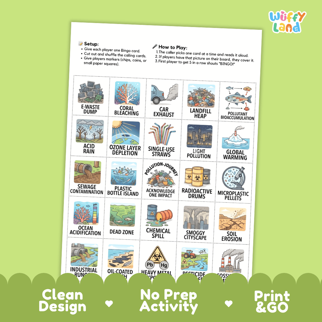 Pollution Environmental Science BINGO Games Printable Activity