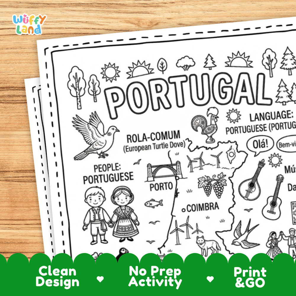 Cultural coloring page featuring traditional Portuguese attire, Portuguese guitar, azulejo tiles, and Ola greeting speech bubbles