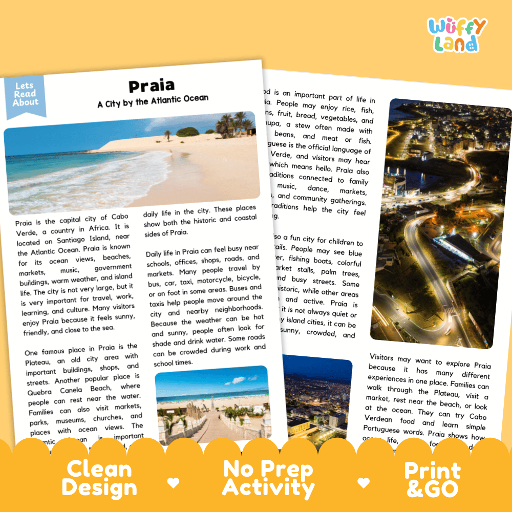 Reference sheet and answer key for Praia landmark reading passage displaying completed comprehension answers and Atlantic island geography facts