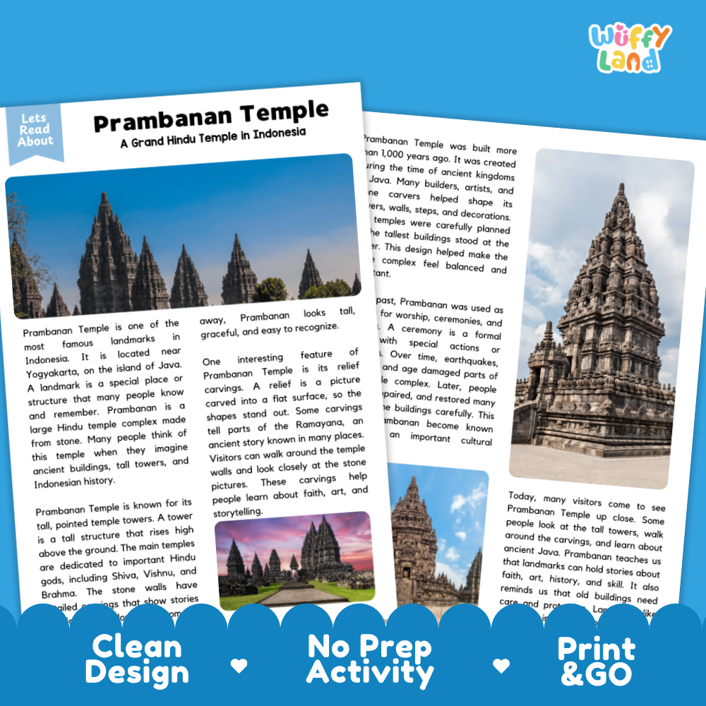 Prambanan Temple Landmark Reading Passage and Comprehension Worksheets