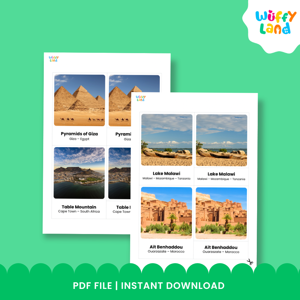 Clean design no prep print and go Africa landmark 3 part cards printable PDF pack