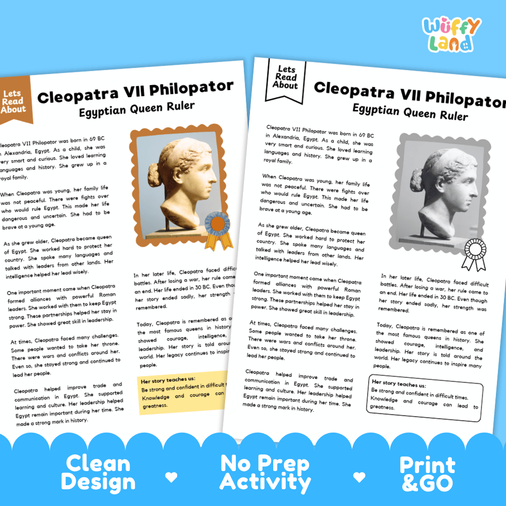 Clean design no prep print and go ancient history biography reading and writing activity layout ready for classroom and homeschool use