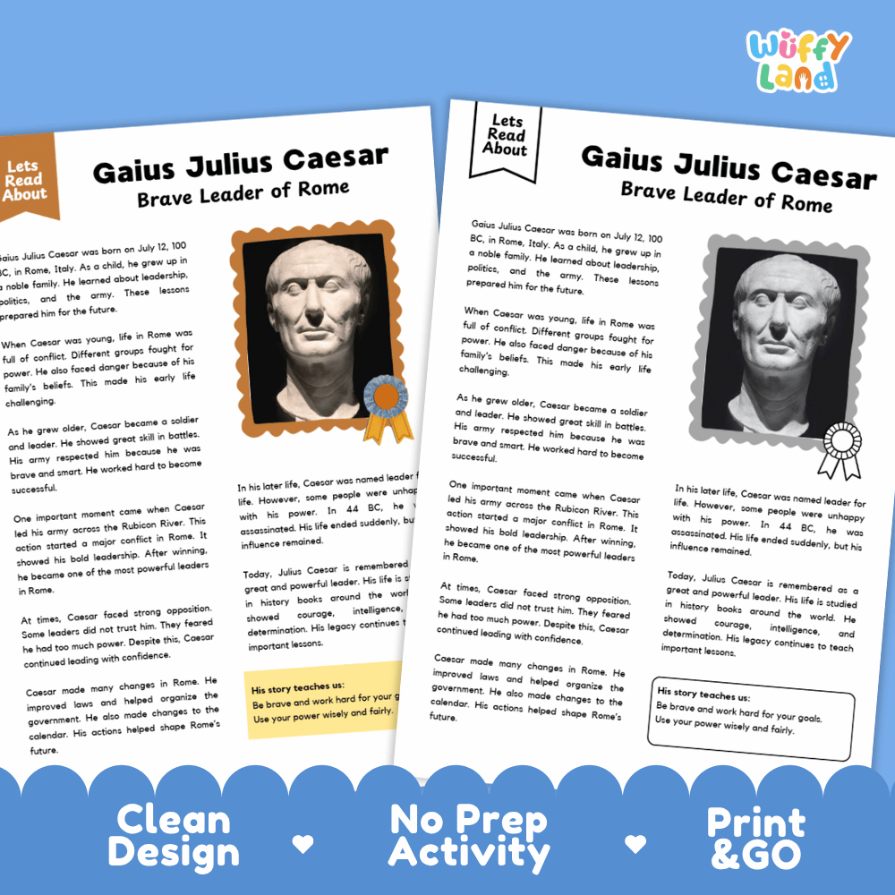 Clean design no prep print and go ancient Rome history biography reading and writing activity layout ready for classroom and homeschool use