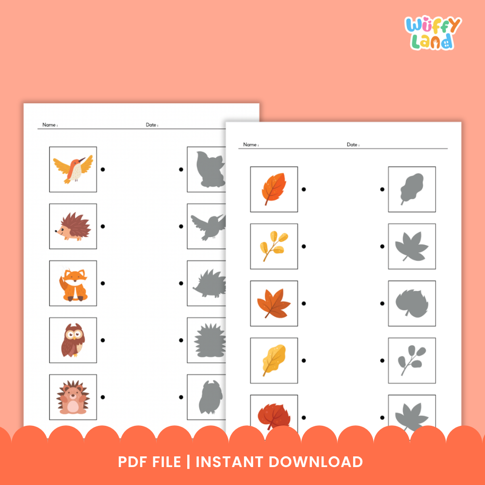 Clean design no prep print and go autumn shadow match worksheets fall silhouette line matching preschool Montessori printable PDF pack