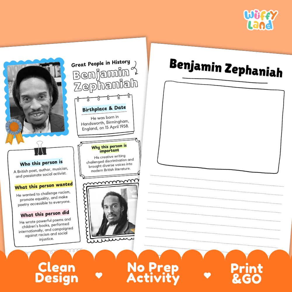 Clean design no prep print and go Benjamin Zephaniah famous people research page printable PDF pack