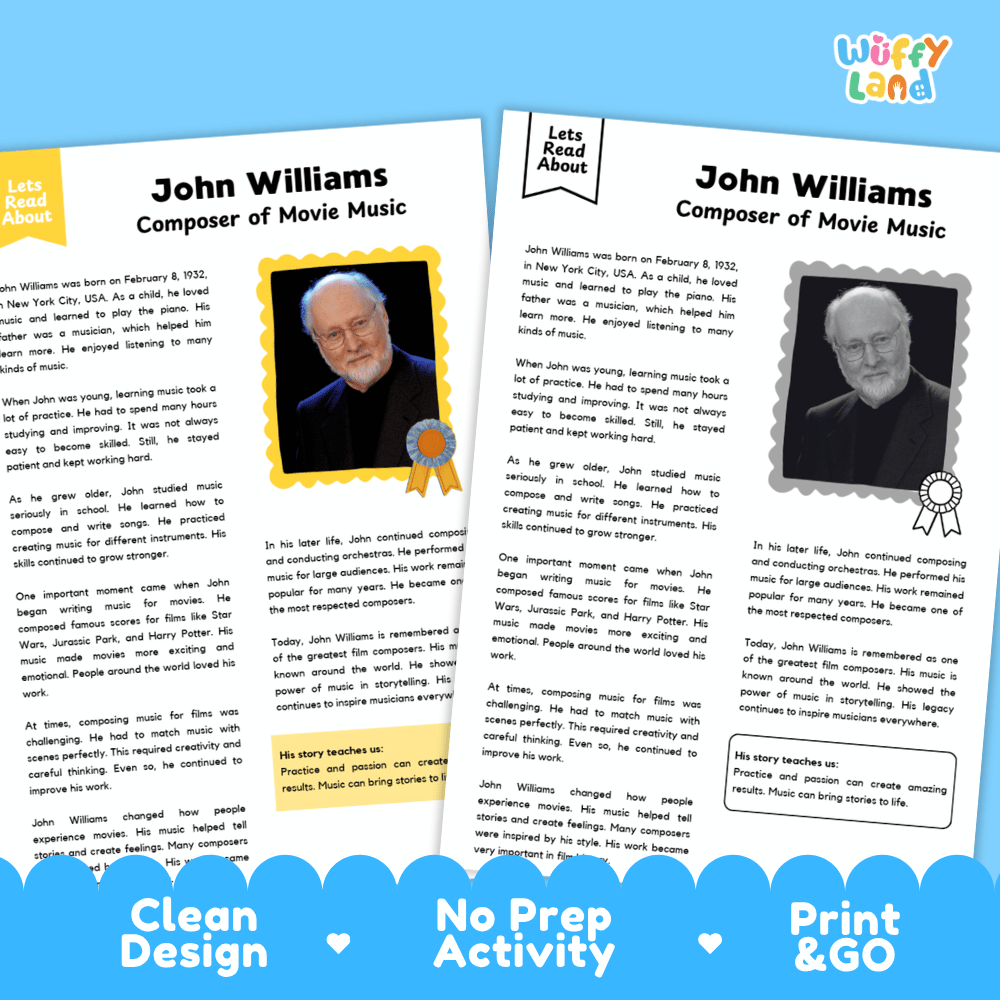 Clean design no prep print and go composer biography reading and writing activity layout ready for classroom and homeschool use