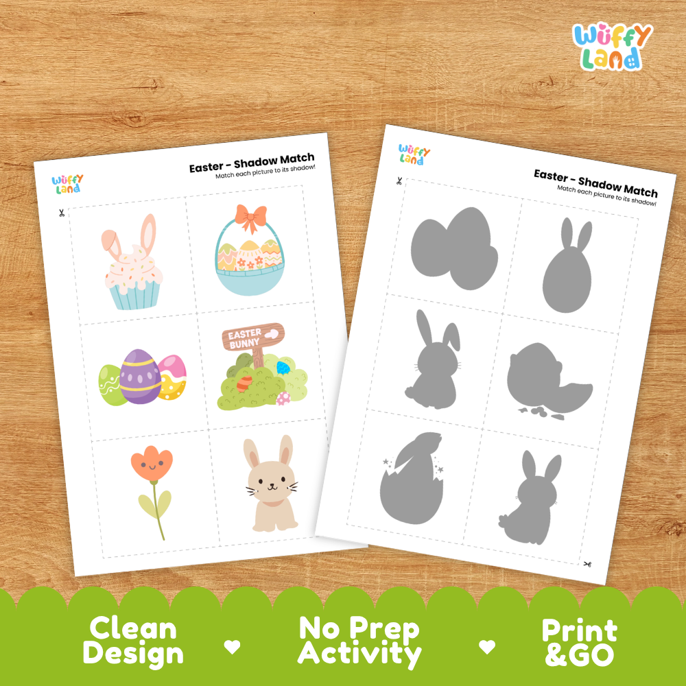 Clean design no prep print and go Easter shadow match activity cut and paste worksheets preschool printable PDF pack