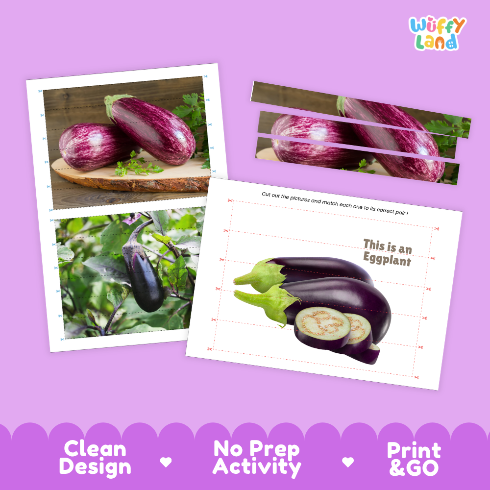 Clean design no prep print and go eggplant cut and match activity printable PDF pack