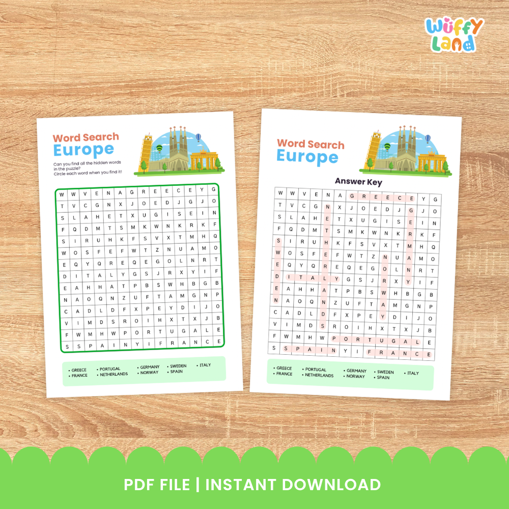 Clean design no prep print and go Europe country word search printable PDF pack