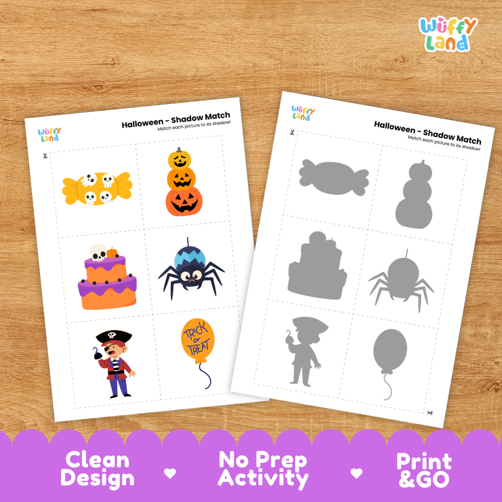 Clean design no prep print and go Halloween shadow match activity cut and paste worksheets preschool printable PDF pack