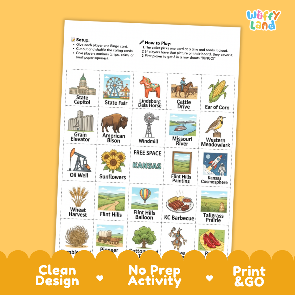 Clean design no prep print and go Kansas geography BINGO games printable PDF pack