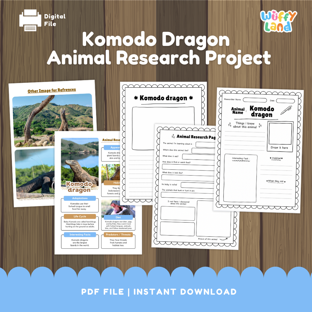 Clean design no prep print and go Komodo dragon giant lizard reptile animal life cycle study printable PDF pack for elementary science