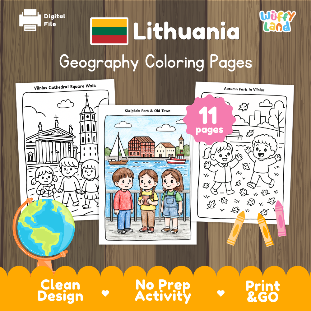 Clean design no prep print and go Lithuania geography activity pack layout ready for classroom and homeschool use