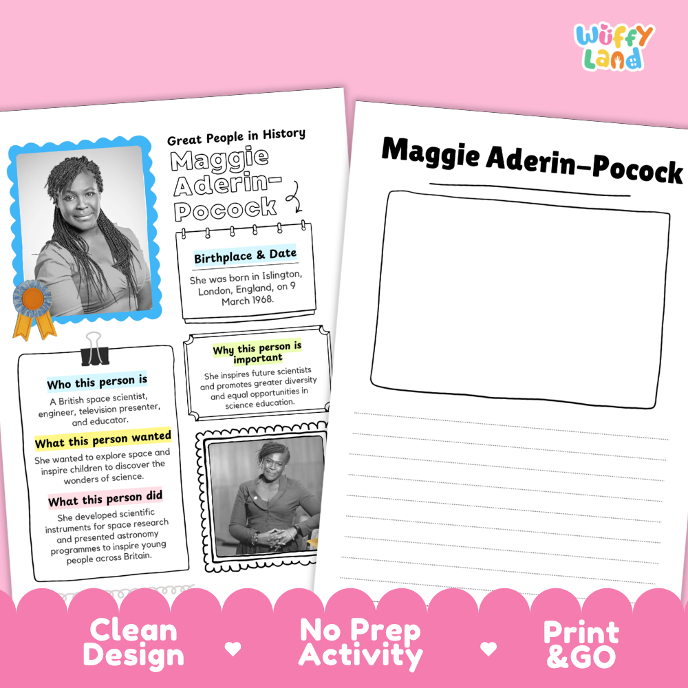 Clean design no prep print and go Maggie Aderin-Pocock famous people research page printable PDF pack