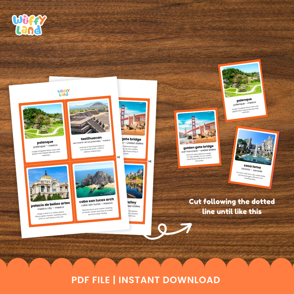 Clean design no prep print and go North American landmarks fun fact flashcards cultural geography educational printable PDF pack