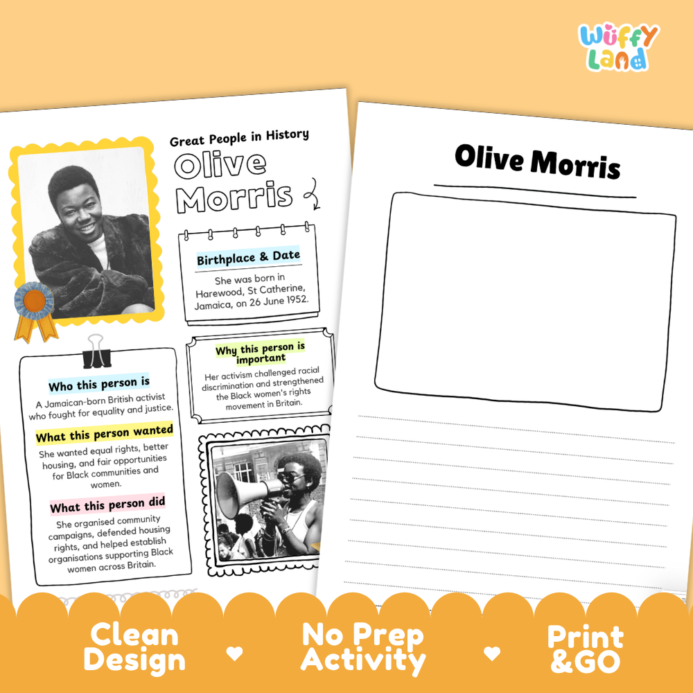 Clean design no prep print and go Olive Morris famous people research page Black history British civil rights biography report printable PDF pack