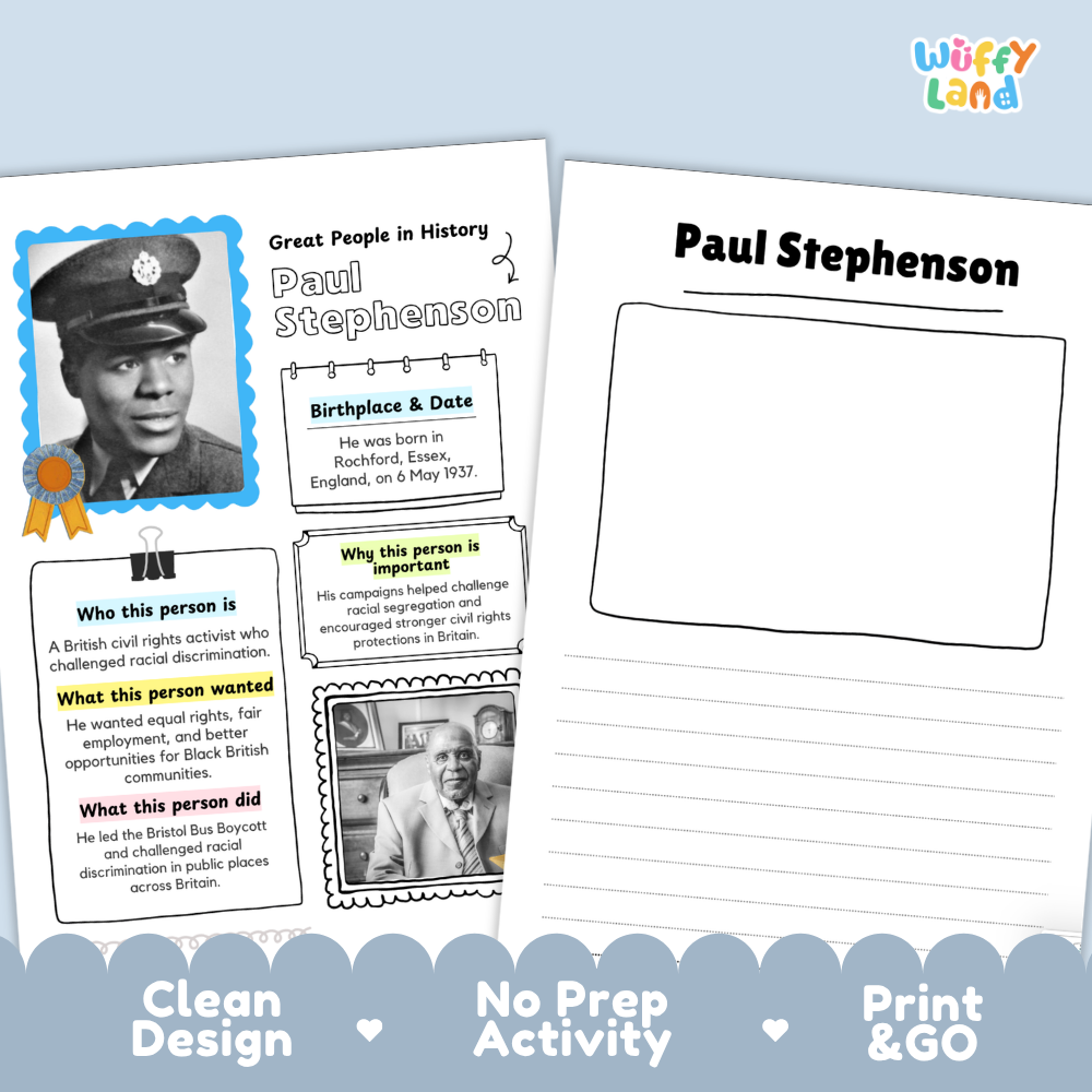 Clean design no prep print and go Paul Stephenson famous people research page Black history British civil rights Bristol Bus Boycott biography report printable PDF pack