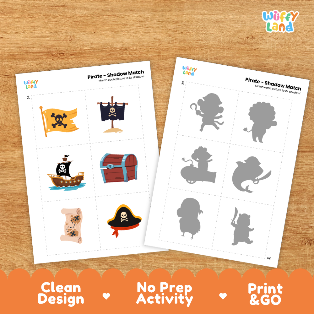 Clean design no prep print and go pirate shadow match activity cut and paste worksheets preschool printable PDF pack