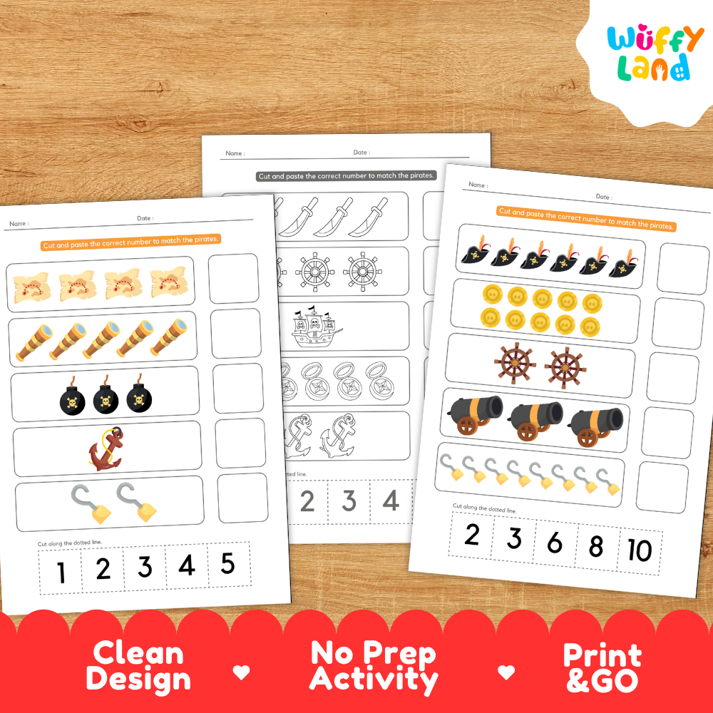 Clean design no prep print and go pirates number match 1 to 10 pirate treasure counting cut and paste worksheets math coloring pages printable PDF pack
