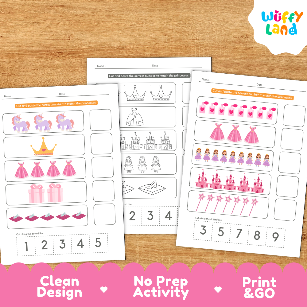Clean design no prep print and go princess number match 1 to 10 fairy tale counting cut and paste worksheets math coloring pages printable PDF pack