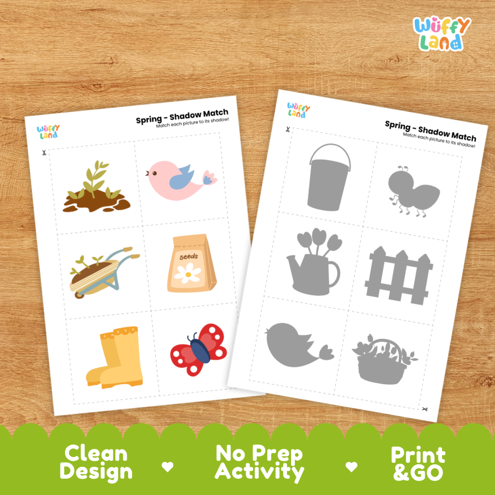 Clean design no prep print and go spring shadow match activity cut and paste worksheets preschool printable PDF pack