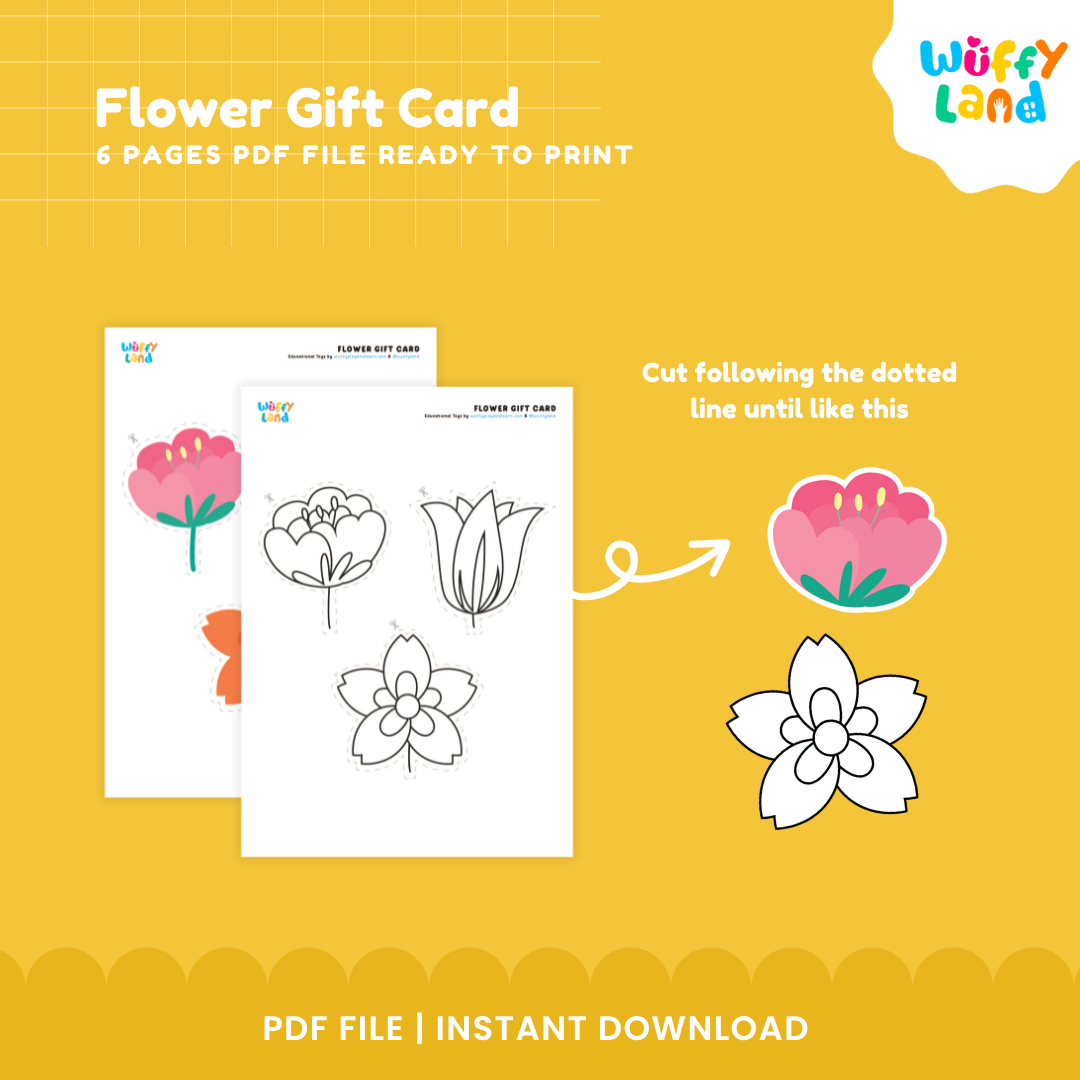 Six-page printable flower gift card craft templates arranged with scissors and crayon for preschool and kindergarten art stations 🏫✨